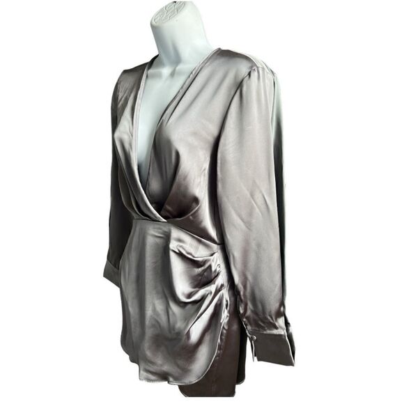 ZARA Charcoal Gray Satin V-Neck Longs Sleeve Wrap Mini Dress In Size XS - Picture 2 of 6